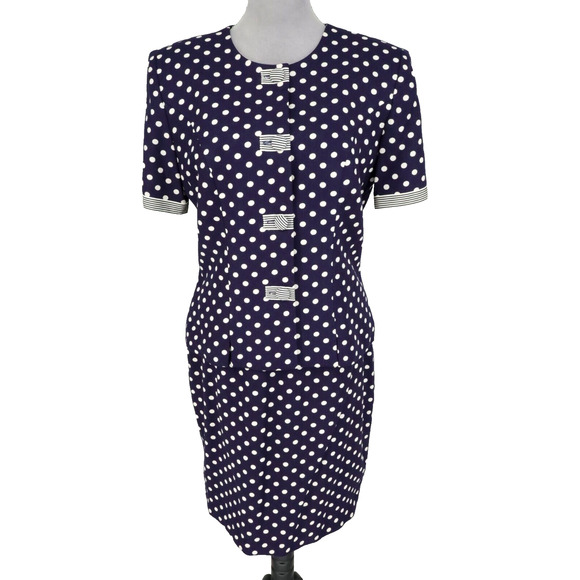 Ann Taylor Skirt Suit Womens 10 Navy Blue White Polka Dot Lined Career Vintage - Picture 1 of 16